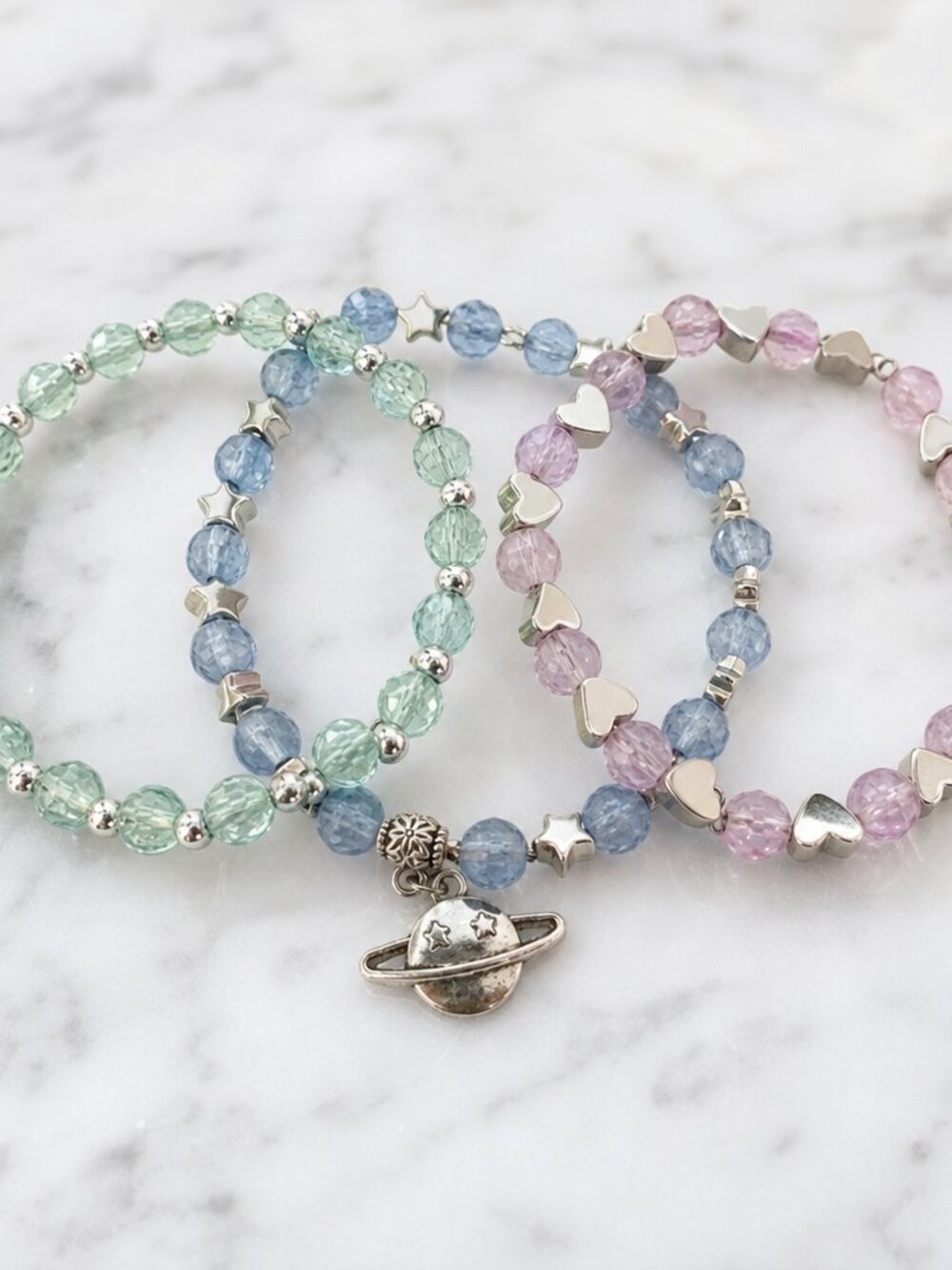 Beaded Bracelet Set • Stars • Hearts • Planet Charm • Pastel & Celestial Theme